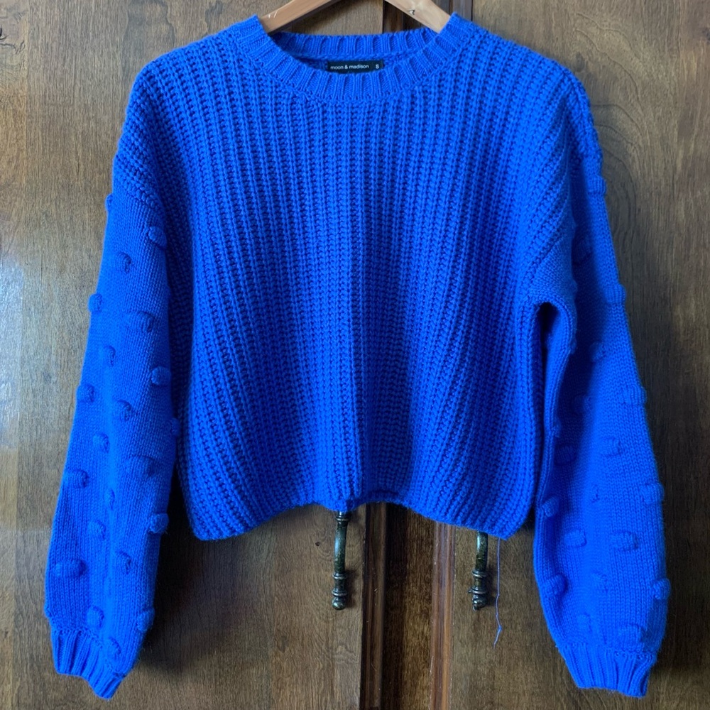 Moon & Madison Royal Blue Chunky Pom-Pom Sleeve Sweater